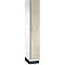 Kast met houtnerfdeur, witte kast en donkere basis.