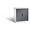 A gray cabinet with roller shutter against a white background.