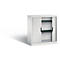 White cabinet with slat doors, open with two shelves. Black handles.