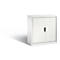 White cabinet with slatted doors and black handle, isolated against a white background.