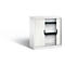 White cabinet with roller shutters. Black handles and two shelves. Shadow on the left.