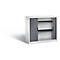 White cabinet with gray tambour doors, two shelves.