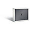 Gray roller shutter cabinet with handle. Stands against a white background, with shadows.