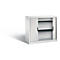 White filing cabinet with roller shutters, two shelves and dark handles.