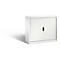 White roller shutter cabinet with vertical slats and black handles. On a light background.