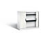 White cabinet with two shelves and roller shutter. Black handles and gray shelves, shadow.