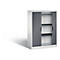White filing cabinet with grey roller shutters, open with 3 shelves. Shadow on white background.