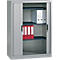 Gray filing cabinet with roller shutter. Inside are folders in red and white on shelves.