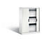 White filing cabinet with roller shutter, open. Dark shelves visible.