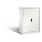 White office cabinet with louvered doors and black handle. Clear shadow.