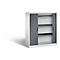 White cabinet with sliding doors, gray slats, three shelves.