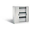 White cabinet with roller shutter, two black handles and three shelves. Cabinet stands against a white background.