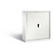 White cabinet with slatted doors and handle.