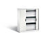 White cabinet with roller shutter and three shelves. One door is open.