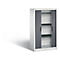 Gray and white cabinet with roller shutter, open doors, gray shelves. Shadow on white background.