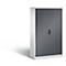 White cabinet with gray roller shutter door and black handle, in front of a white background.