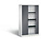 White cabinet with grey roller shutters and shelves. On a light background, shadow.