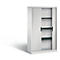 White office cabinet with sliding doors and three shelves. The door is open.