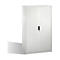 White cabinet with grooved doors and black handle.