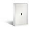 White file cabinet with ribbed doors, black handle, and lock. Light gray background.