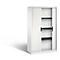 White office cabinet with sliding doors and three shelves. The doors are partially open.