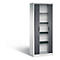 White cabinet with gray tambour doors and four shelves. On a light background.