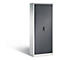 Grey cabinet with ribbed doors and handle against a white background. A shadow casts on the image.