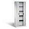 White cabinet with roller shutters and black handles. Interior shelves. Shadow.