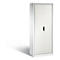 White cabinet with a ribbed front. The cabinet has a black handle and a key. It stands against a white background.