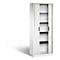 White steel cabinet with tambour doors, partially open, revealing shelves.