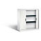 White tambour door cabinet with two gray shelves, open door, light background.