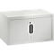White cabinet with ribbed doors and black handles.
