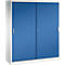 Ein weißer Metallschrank mit zwei blauen Schiebetüren und silbernen Griffen vor neutralem Hintergrund.
