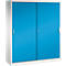 Ein grauer Aktenschrank mit zwei leuchtend blauen Schiebetüren und silbernen Griffen vor weißem Hintergrund.