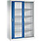 Büro-Stahlschrank mit weißem Korpus und blauer Schiebetür mit Glaseinsatz.
