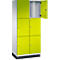 Schrank mit vier Türen, davon eine geöffnet. Die Türen sind neongelb, der Korpus weiß. Der Innenraum ist grau.