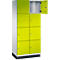 Gelb-grüner Spind mit geöffneter Tür, vor weißem Hintergrund.