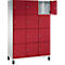 Ein roter Schrank mit 12 Fächern, eine Tür ist geöffnet, grauer Rahmen, schwarze Füße.