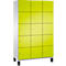Schrank mit 12 gelben Türen, Metallgriffe, schwarze Füße, weißer Korpus.