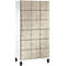 Schrank mit 15 Fächern, Holzoptik, silberfarbene Knöpfe, auf schwarzen Füßen.