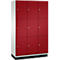 C+P Schließfachschrank Cambio, 3 Abteile, 9 Fächer, mit Sockel, B 1200 x T 525 x H 1980 mm, lichtgrau/rubinrot