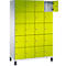 Ein Schrank mit 20 quadratischen, gelb-grünen Türen. Eine Tür ist offen, zeigt den Innenraum.