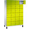 Ein gelbgrüner Spind mit 20 Fächern. Eine Tür ist geöffnet.