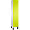 Schrank mit weißem Korpus und neongelber Tür, auf schwarzen Füßen stehend.