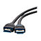 Ein schwarzes HDMI-Kabel mit blauen Enden, das vor weißem Hintergrund liegt.