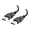 Zwei schwarze USB-Kabel mit silbernen Kontakten, die auf weißem Hintergrund dargestellt werden.