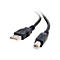 Ein schwarzes USB-Kabel auf weißem Hintergrund. Zwei Enden mit USB-A- und USB-B-Anschlüssen sind sichtbar.