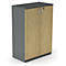 Cabinet with light wood doors, gray body and gray top.