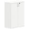 White cabinet with two doors and silver handles. A keyhole can be seen on the right door.