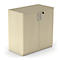 Light brown cabinet with two doors, silver handles and a lock.